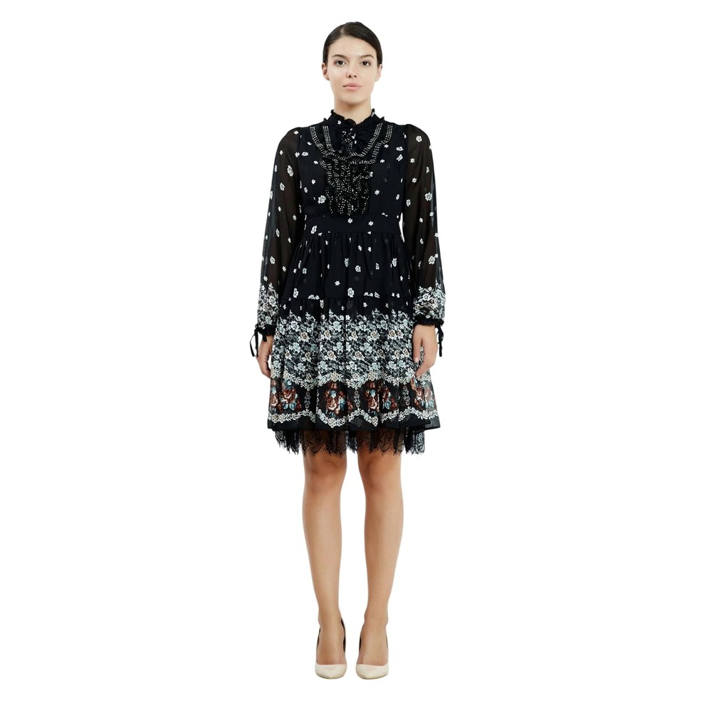 European Floral Chiffon A-Line Dress Black Ruffle Lace Trim Long Sleeve